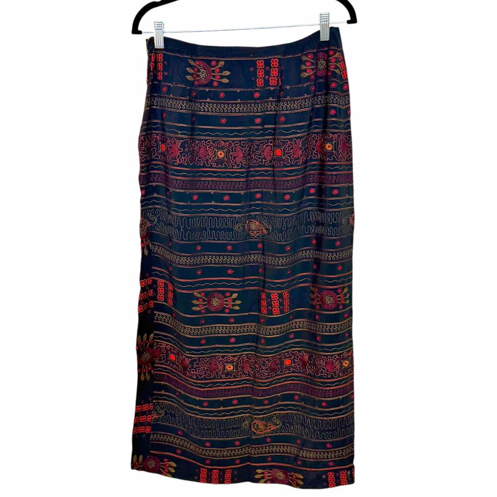 Vtg 90s Chicos Design Embroidered Rayon Maxi Skirt Black Boho Western Size 1 M